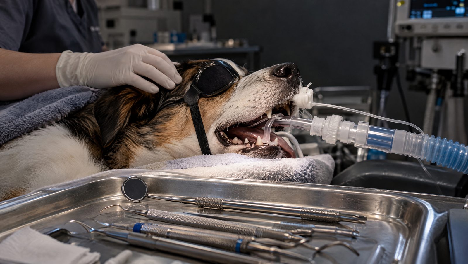 Dental instrument tray in the foreground with an anesthetized dog and a gloved hand behind it
