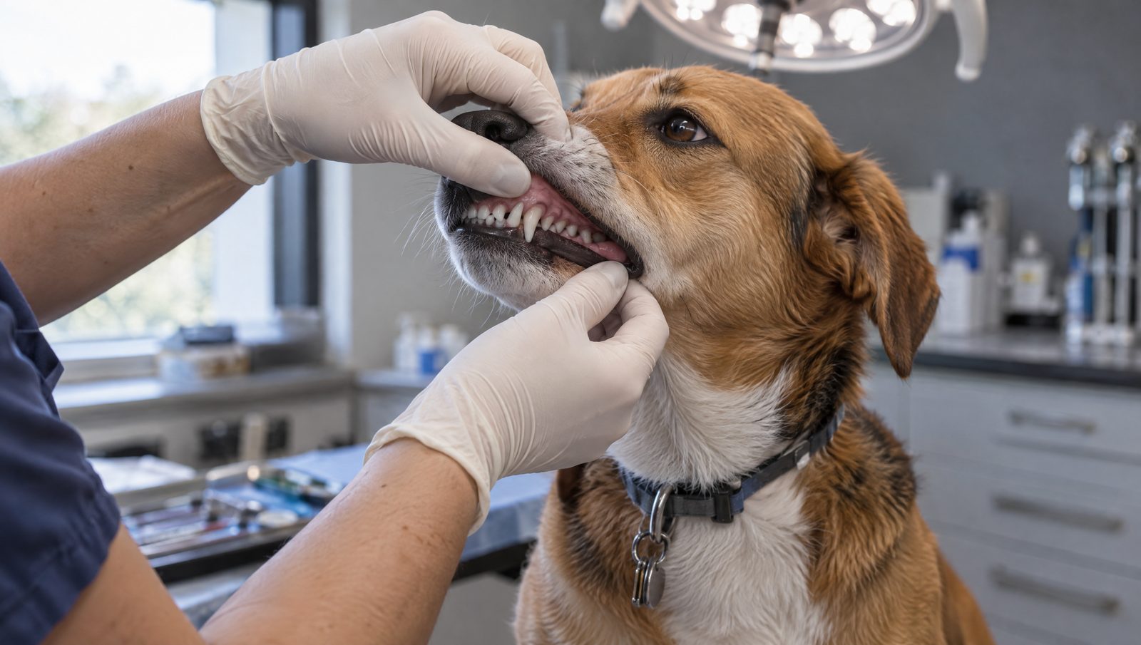 Gloved hands lifting the upper lip of a calm dog on an exam table for an oral check