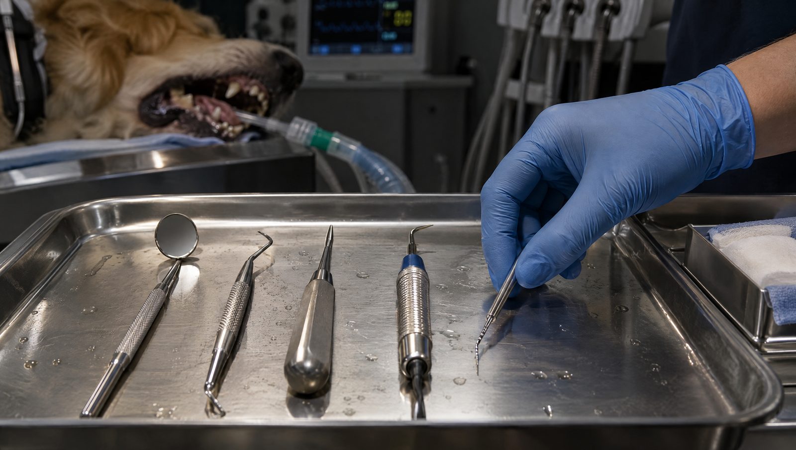 Veterinary dental instruments laid out on a stainless tray as a gloved hand picks up a periodontal probe